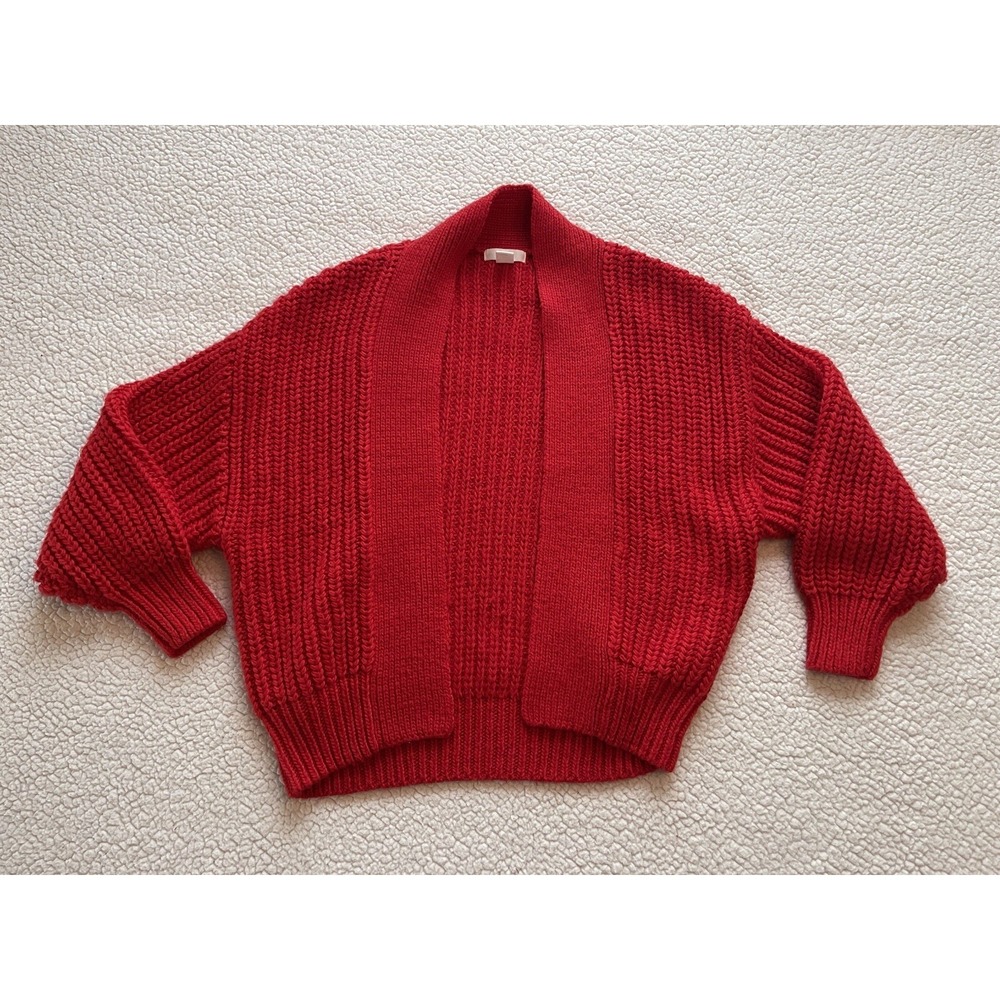 HM Red Chunky Knit Cardigan Sweater Womens XS‎ Oversized Open Front Wool Blend